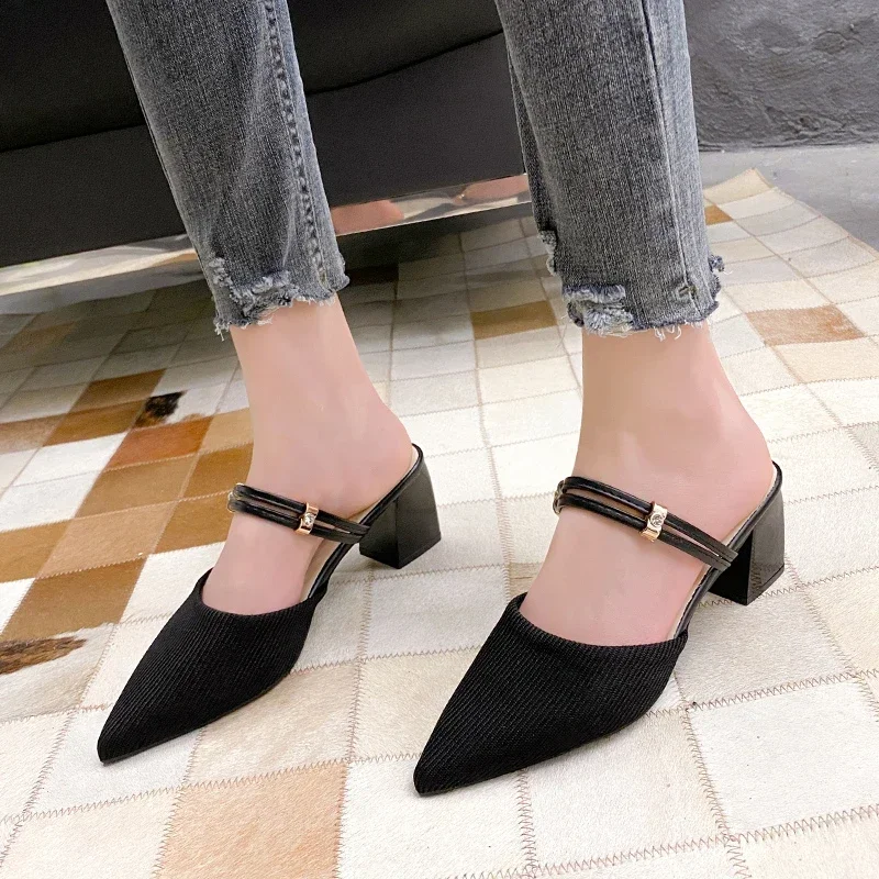 Women Mules Shoes 2024 Summer New Pointed Toe Chunky Heels Ladies Slippers Fashion Plus Size Dress Party Mid Heel Shoes Women