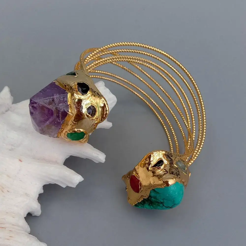 YYGEM Natural Purple Amethyst Druzy Green Turquoise Gold Plated Bangle Bracelet
