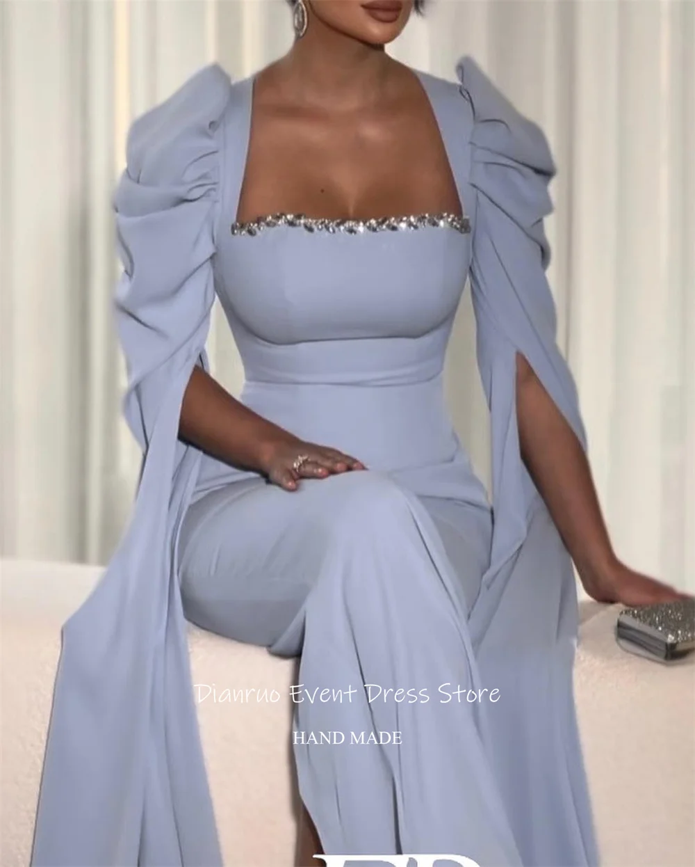 Dianruo サウジアラビアキラキライブニングドレススクエアカラー控えめな فساتين سهرةケープスリーブウエディングドレスカスタマイズ