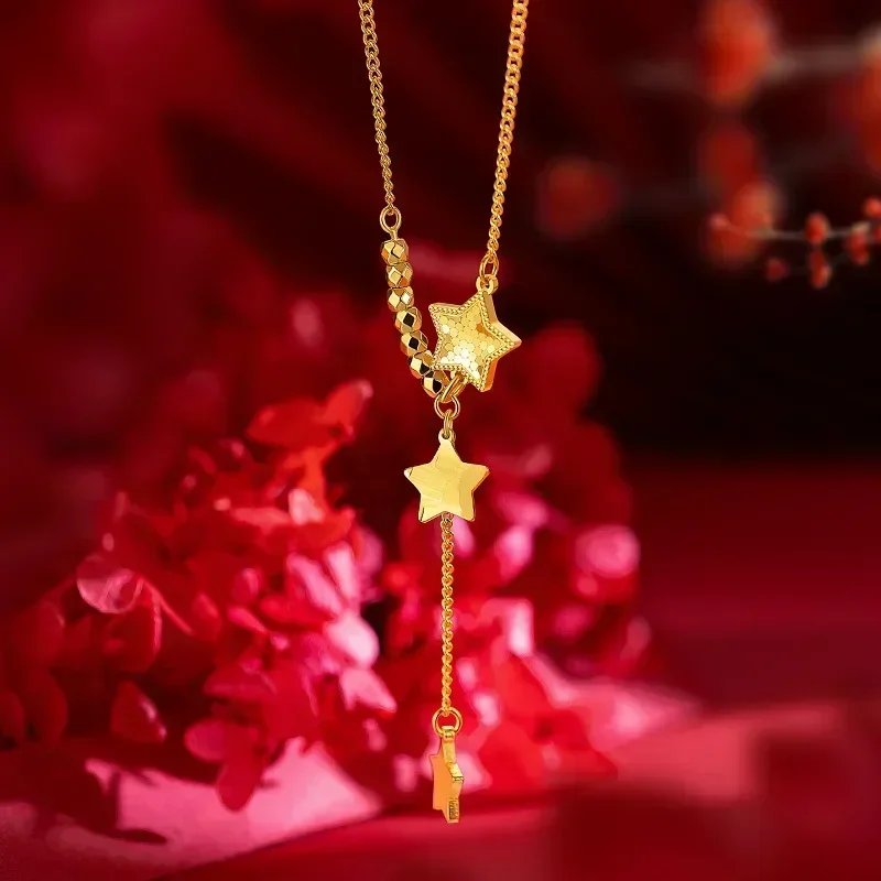 Eldorado Gold  9999 real gold 24K yellow gold Fish Scale Five-pointed Star Necklace Women's Dragon Scale Small Star Chain