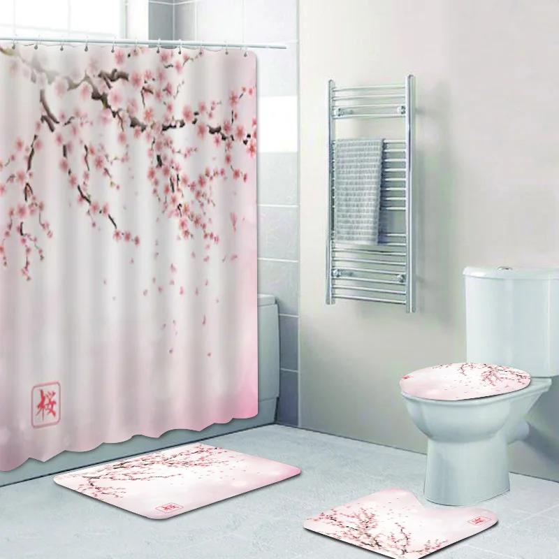 Chic Floral Pink Cherry Blossoms Shower Curtain Set Bathroom Cherry Sakura Flowers Branch Bath Curtains Mats Rugs Set Home Decor