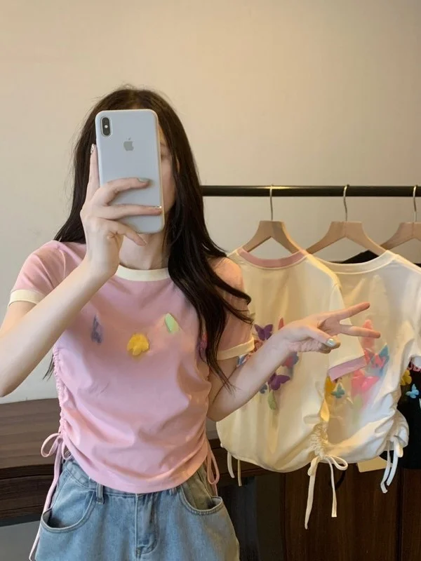 

Сладкая и пикантная футболка с коротким рукавом, женская летняя новинка, облегающий топ с круглым вырезом, модная корейская версия