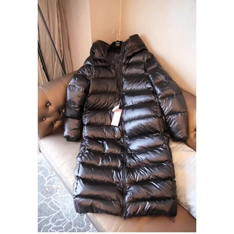 Hot Sale Down Jacket Women's Long Over The Knee Fashion Thin Winter New Version Thick Bright Face Super Long Hooded Coat Warm