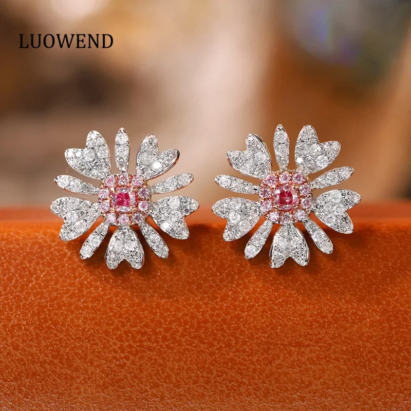 

LUOWEND 18K White Gold Earrings Romantic Daisy Shape Real Natural Pink Diamond Stud Earrings for Women High Party Jewelry