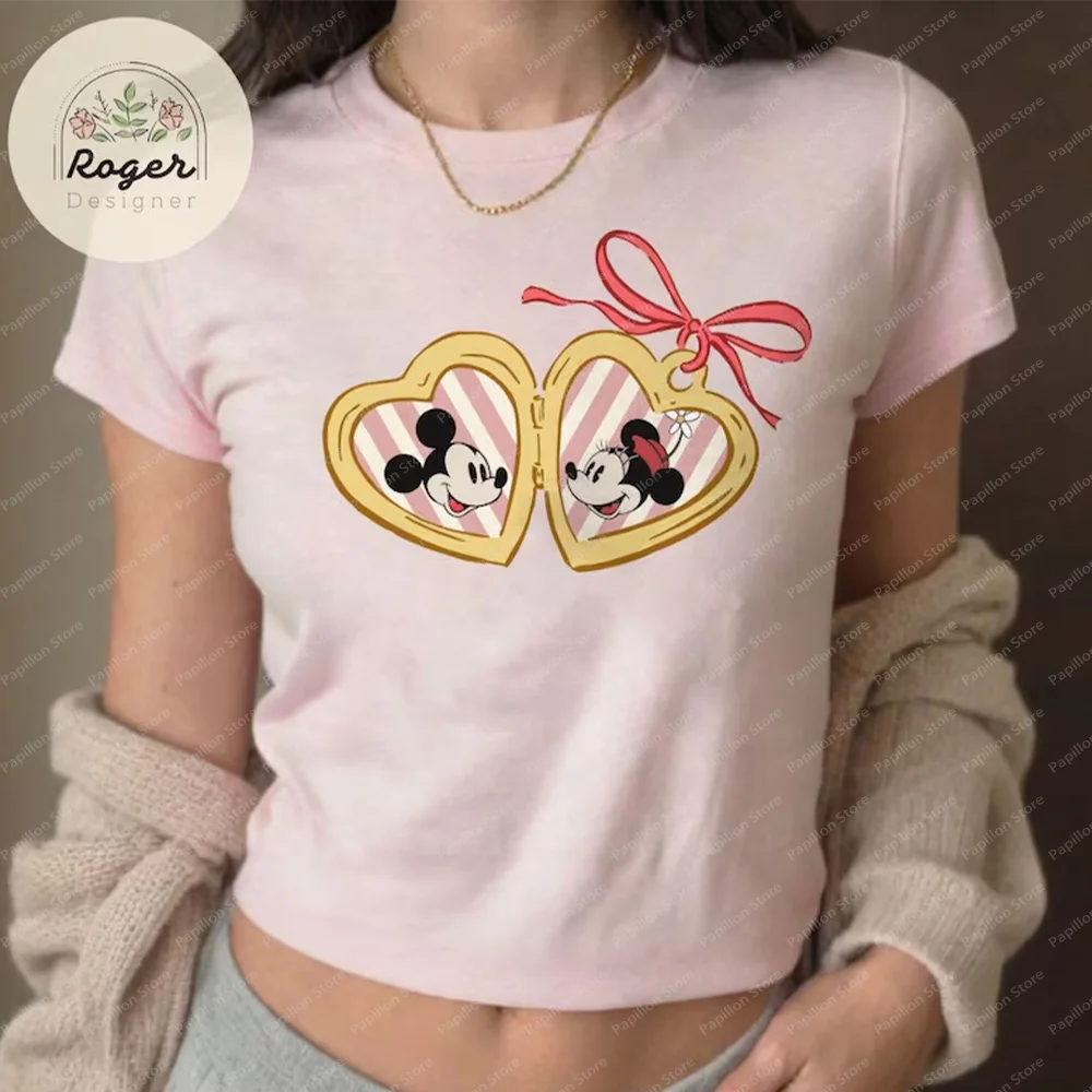 Y2k Mickey Minnie Disney Couple Girls Short Sexy Shirts Clothes Baby Tee Gift Girls Cropped Top Crop Coquette Bow Valentine 2025