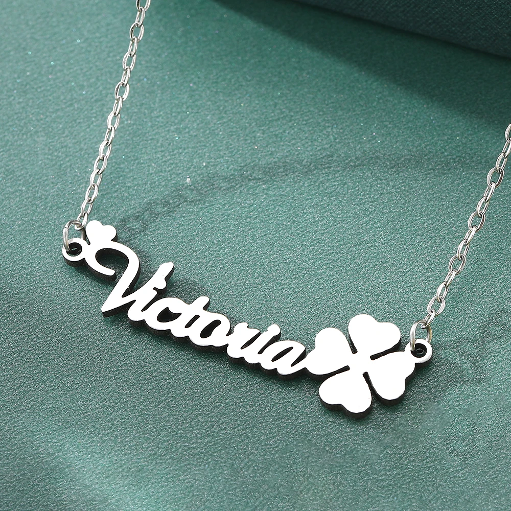 Personalized Custom Name Necklace Stainless Steel Four-Leaf Clover Collarbone Chain Ladies Rustic Style Jewelry Birthday Gift