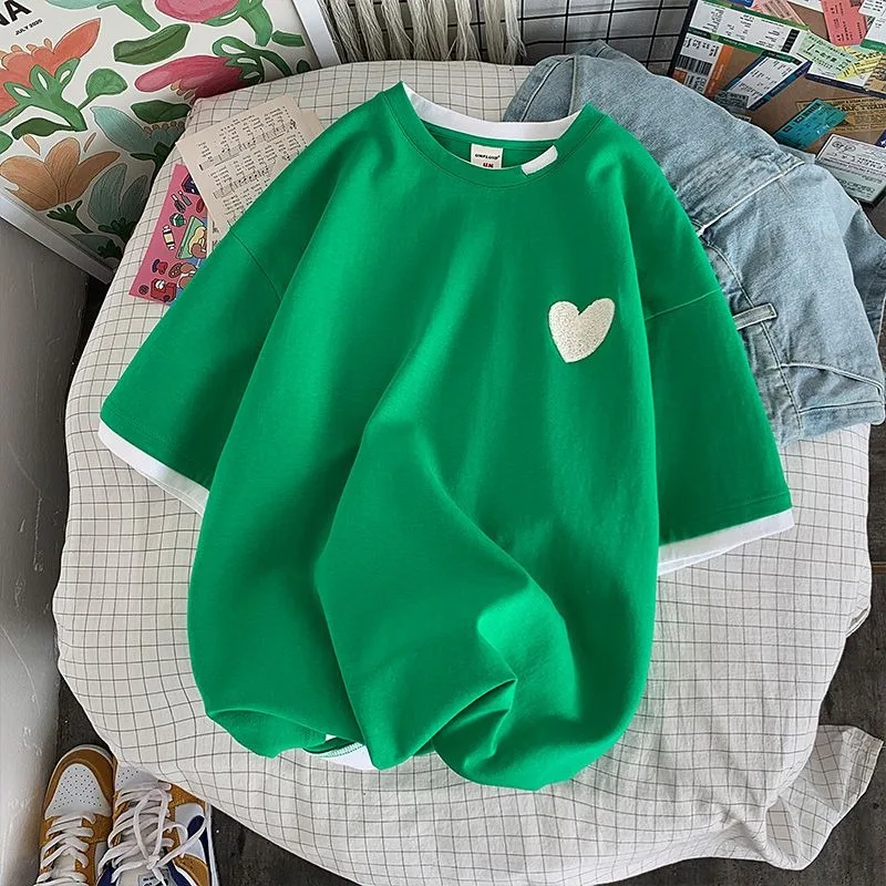 T shirt Women Summer Cotton Korean Fashion Heart shaped Embroidery Designer Oversized Clothes Women Tops Round Neck Short Sleeve