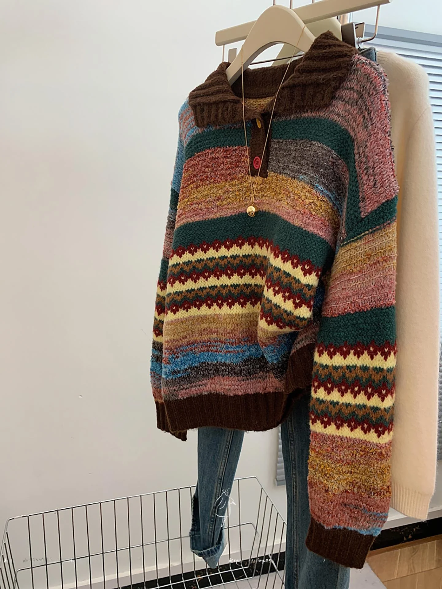 

Женский свитер с воротником в полоску в стиле ретро Fair Isle, осень-зима, новый ленивый высококачественный вязаный свитер, свободный длинный S...