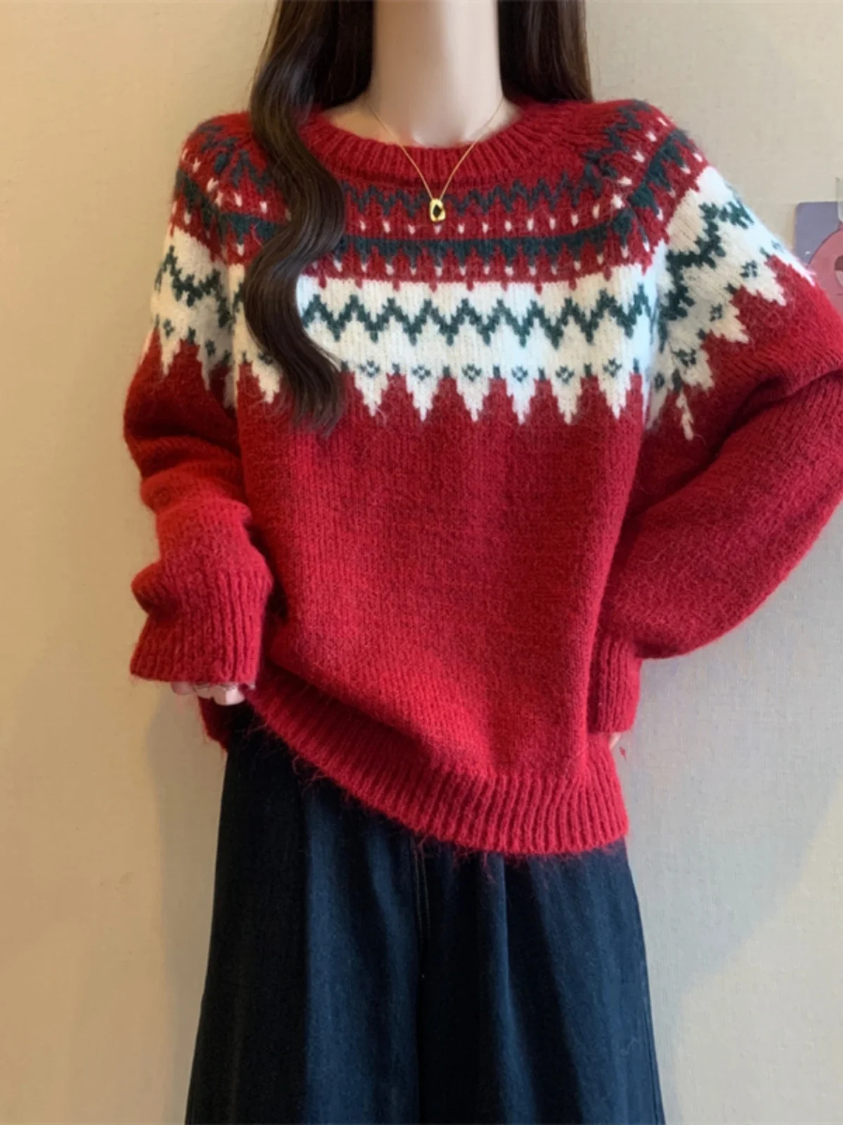 

Cisas Theme Red Sweater Women's Winter New Sle Retro Soft Loose Knitted Lazy Overhead irt Warm Thi Long Sve roun...