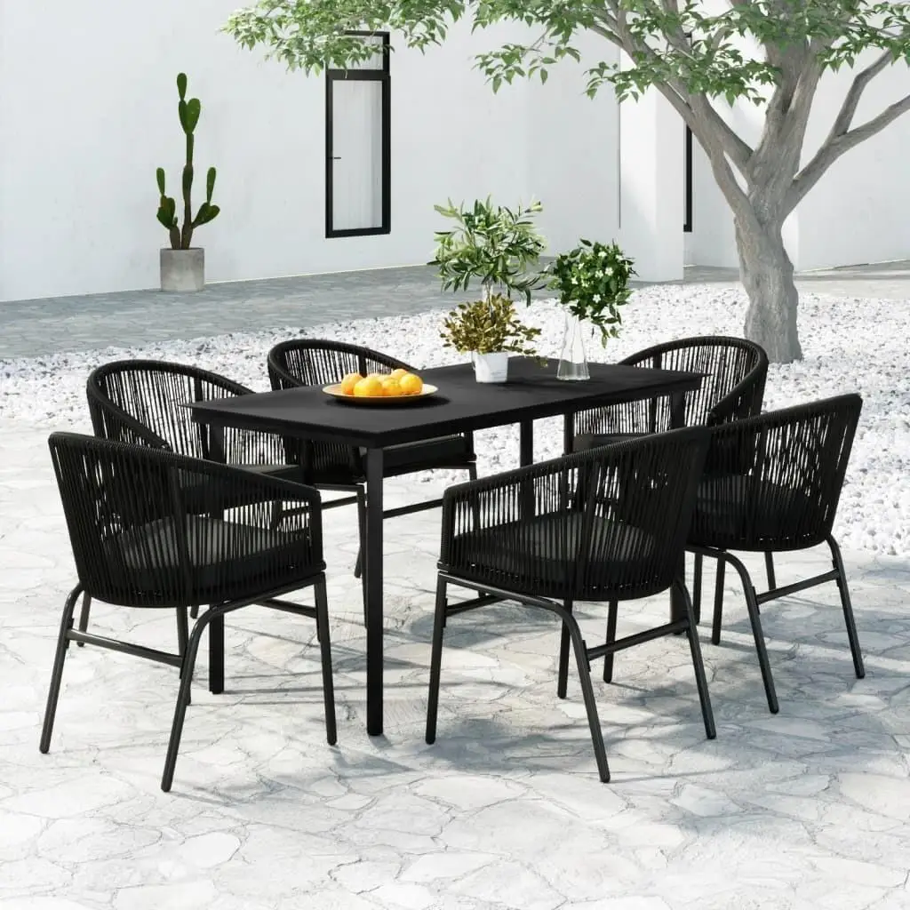 

Elegant Black Powder Coated Steel Garden Dining Set with PVC Rattan and Glass Top Perfect for Outdoor Living