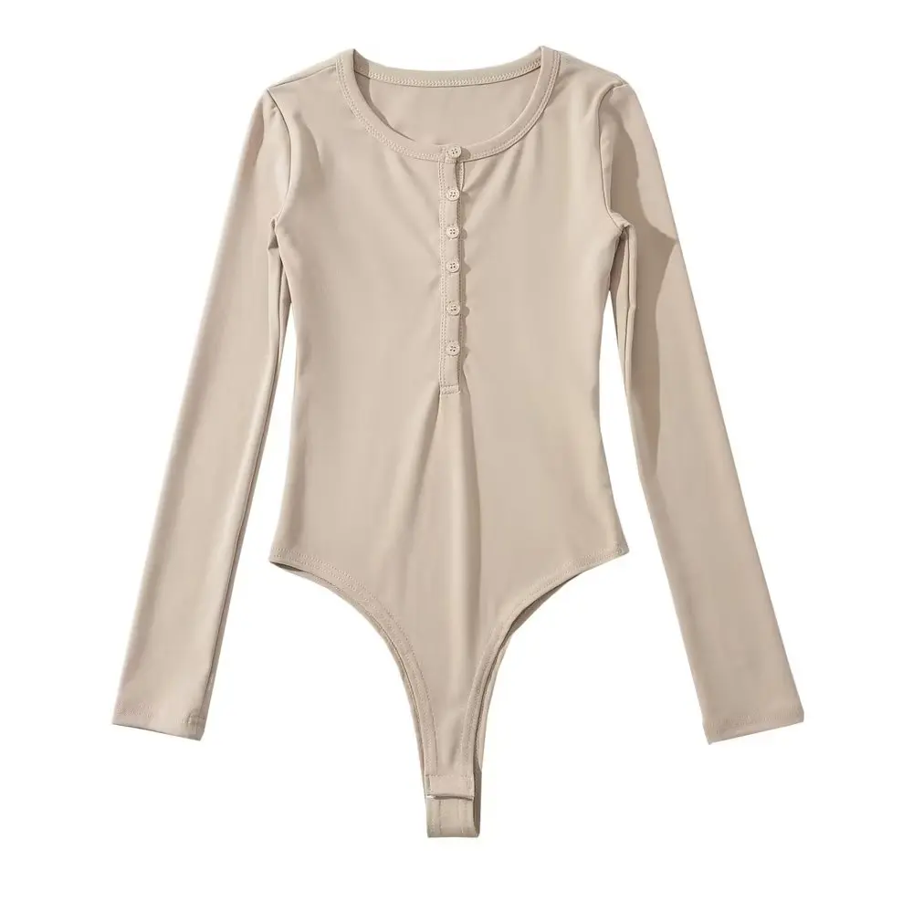 Women Long Sleeve O-neck Bodysuits 4 Colors Knitted Elastic Slim Tops White Jumpsuit
