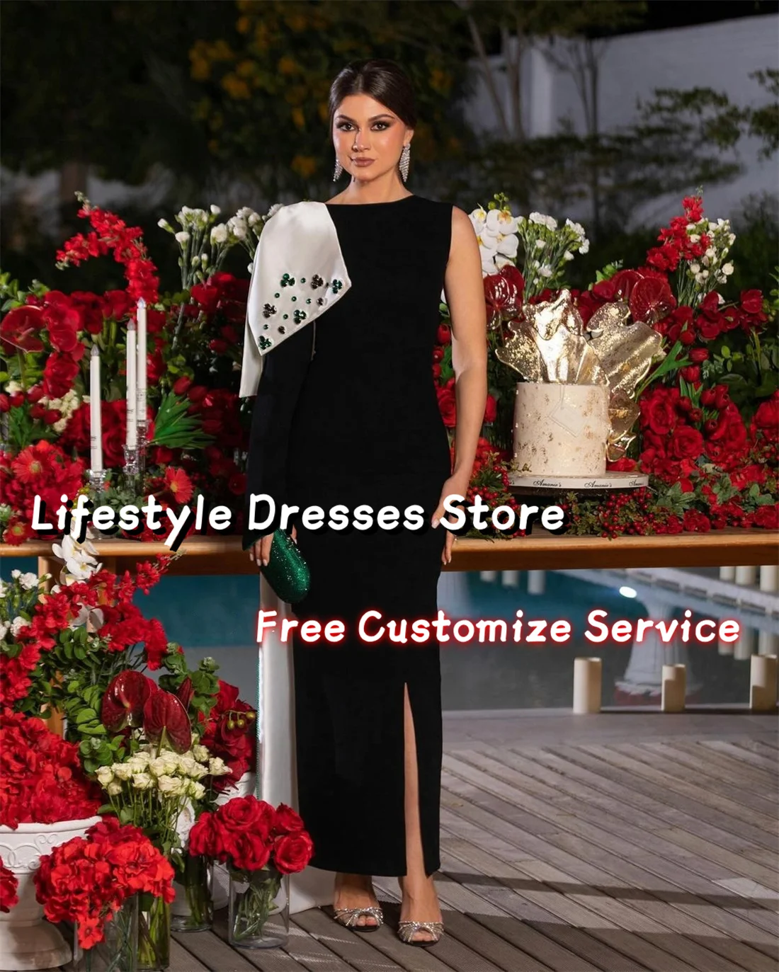 Customized Bow Long Cape Beaded Luxury Evening Dresses 2024 Saudi Arabia Wedding Party Gown One Long Sleeve Prom Dress