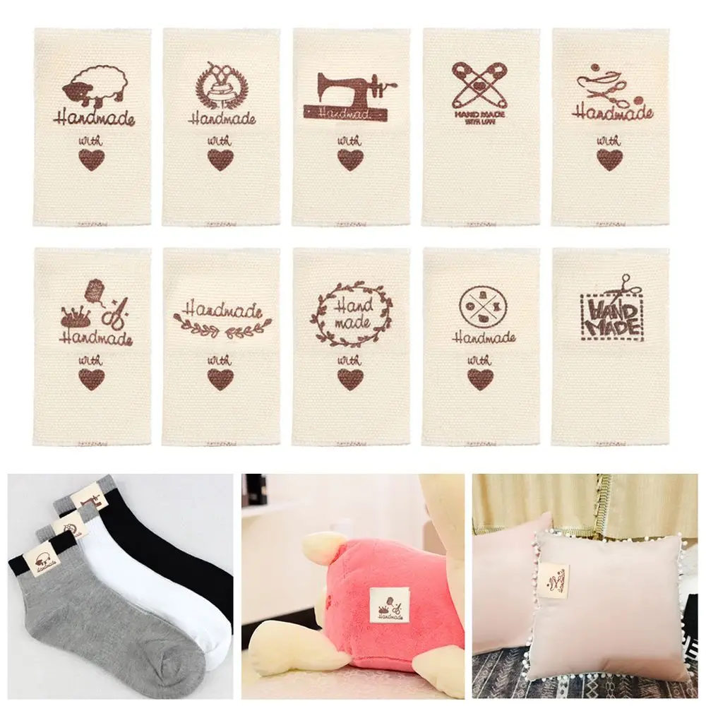 

50PCS Handmade With Love Cloth Garment Labels Cartoon Pattern Sheep Scissors Heart Shape Clothing Tags Sewing Accessories