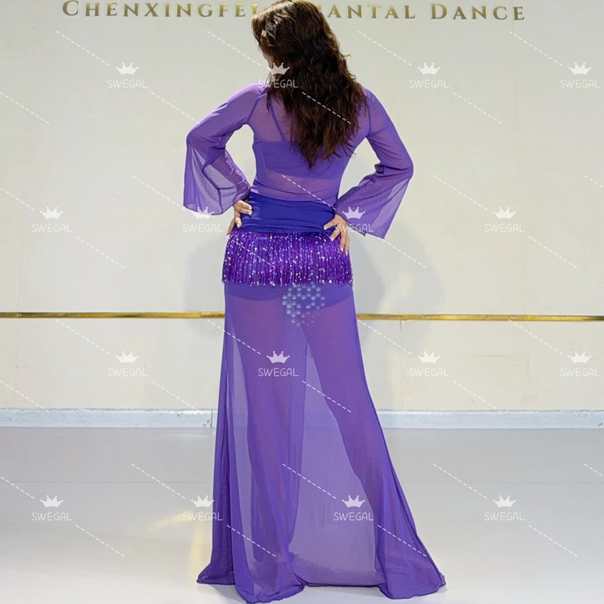 

Customized Swegal Belly Dance Costumes 2025 New Oriental Dance Costume Deep Purple Mesh Open Sleeve Robe Four Piece Set