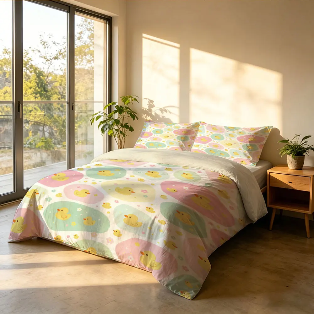 3PCS Cute Little Yellow Duck Color Block Duvet Cover Set (No Insert), Soft Bedding Decoration, Machine Washable Multiple Size - view 4