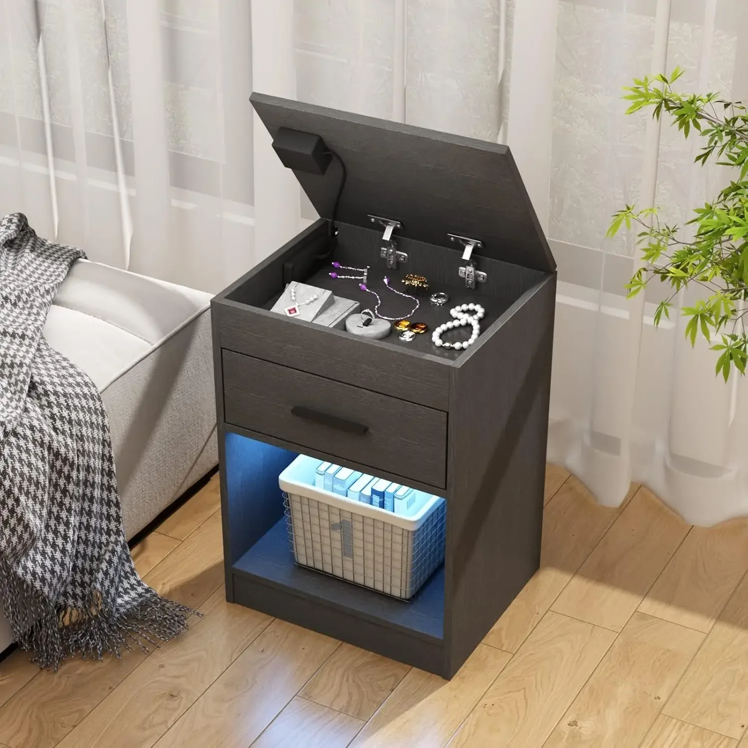 Black Nightstand RFID Lock Hidden Storage Charging Station LED Power
