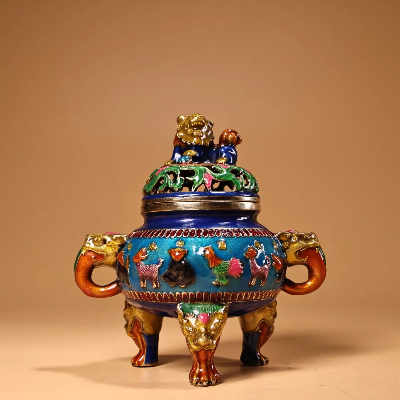 

6"Tibetan Temple Collection Old Bronze Cloisonne Enamel 12 Zodiac signs Texture Lion Cover Beast Ear incense burner Town house