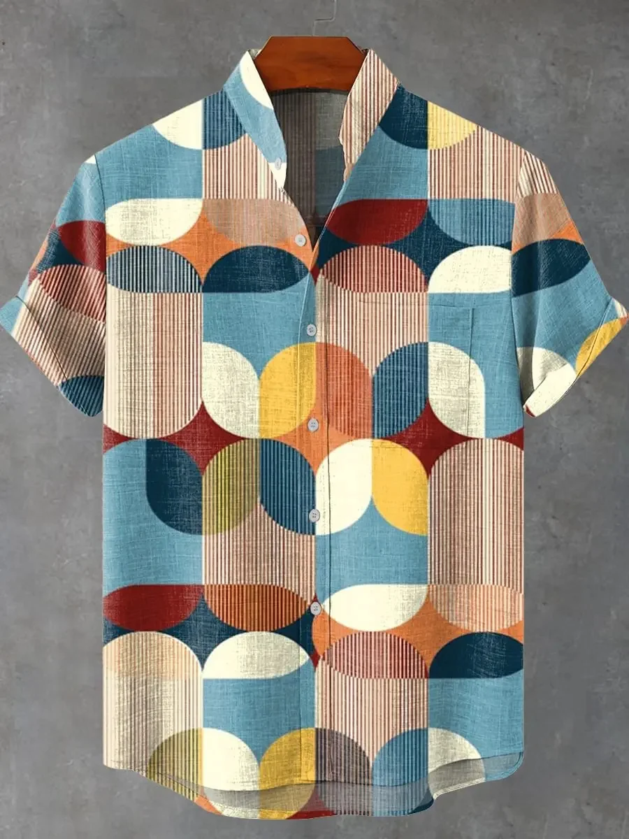 Men's summer new geometric digital print decorative pattern linen short sleeve shirt comfortable casual men's linen top