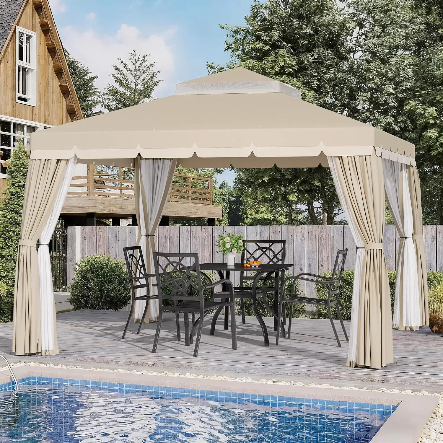 10' x 10' Outdoor Gazebo, Heavy Duty Iron Frame Patio Canopy with Vented Soft Top, Breathable Mosquito Netting & Privacy