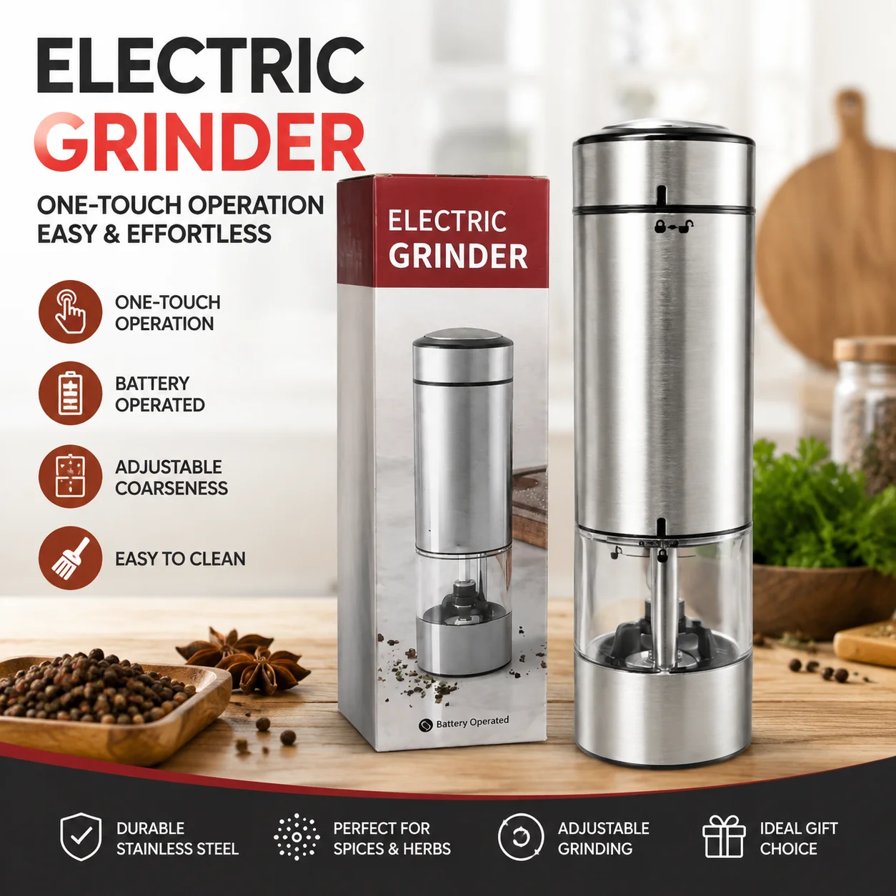 Electric Pepper Grinder Stainless Steel Automatic Salt And Pepper Mill One Touch Operation Adjustable Coarseness Spice Grinder