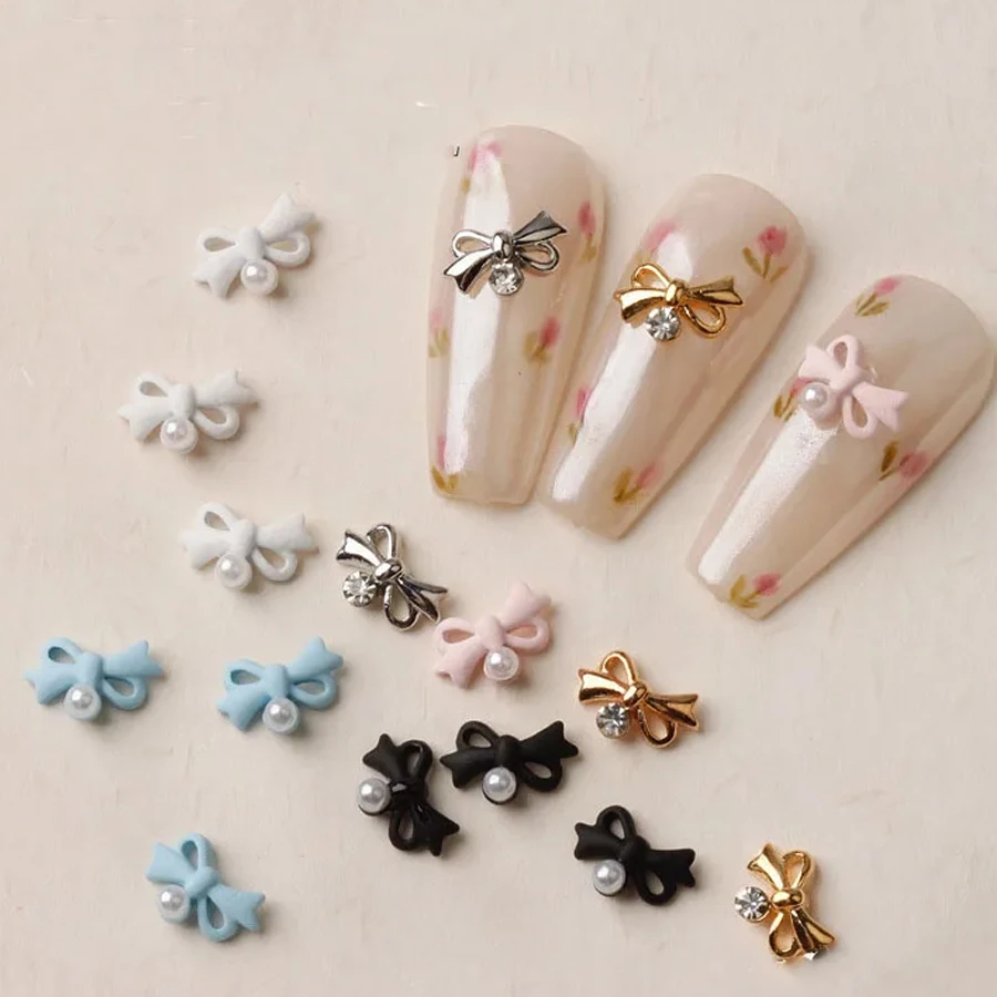

10 шт., подвески для ногтей с бантом, металлический жемчуг, украшение с бантом для деталей «сделай сам», лента, золотые, серебряные детали для ногтей, стразы, ювелирные изделия, маникюр