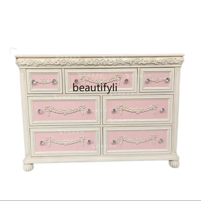 

French solid wood carving flower retro chest European storage locker pink dressing decorative cabinet