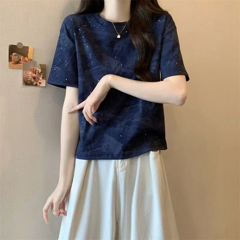 T-shirt z krótkim rękawem dla kobiet z przodu na ramię American Summer New Retro Contrast Top