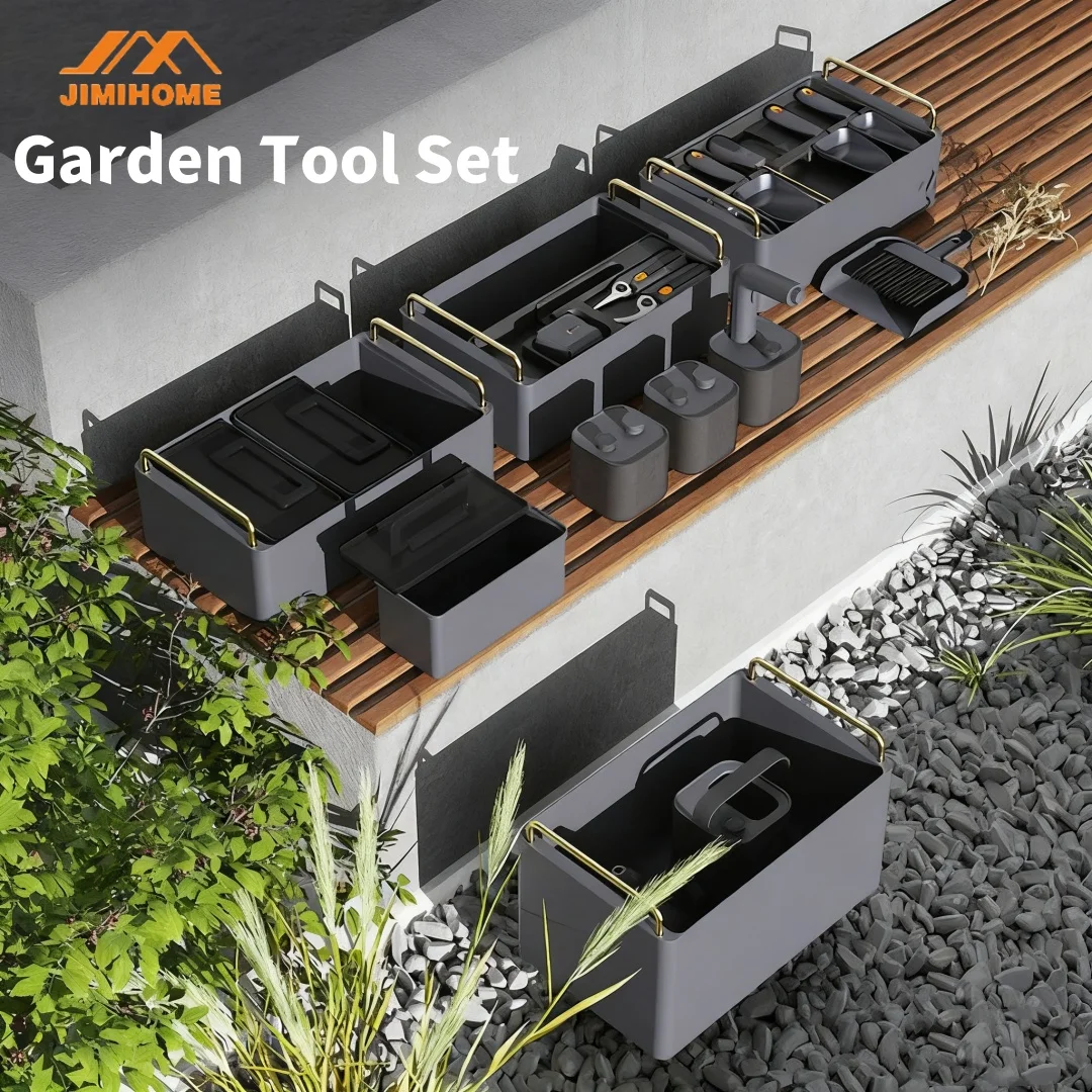 JIMIHOME Stackable Gardening Tools Set with Wheels Multifunctional Gardening Tool Set with Electric Watering Can