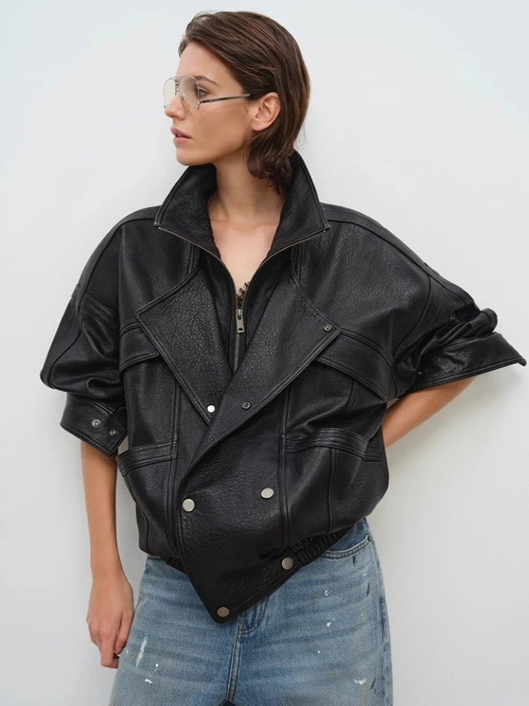 Vintage Genuine Leather Motorcycle Jackets for Women Autumn Winter High-end Solid Simple Stand Collar Bubble Real Sheepskin Coat