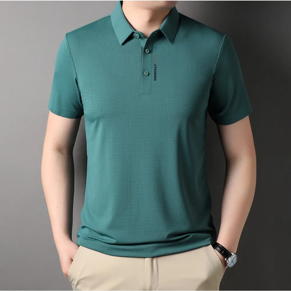 Stereoscopic Wrinkle Resistant Ice Silk Short Sleeve T-shirt 2024 Summer Lapel Loose Casual Solid Color Tops High-end Polo Men\'s