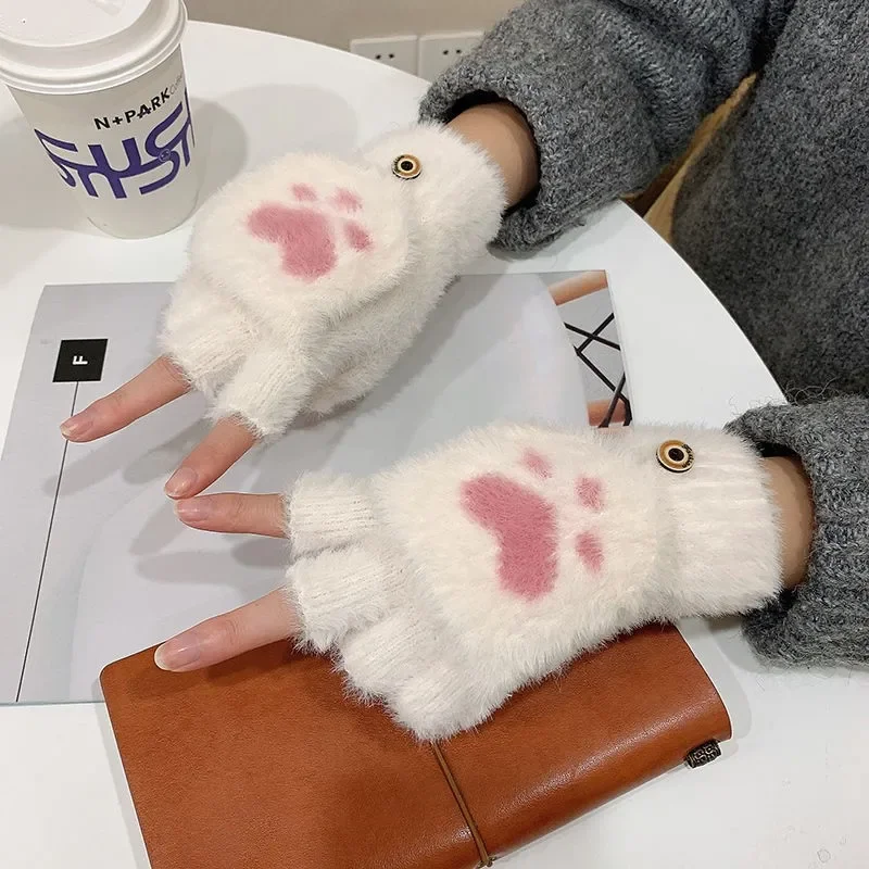 Thicken ผู้หญิง WARM Cat ถุงมือแฟชั่นสาว Cat Claw Paw Plush Mittens Soft Plush สั้น Fingerless Half Finger ถุงมือฤดูหนาว