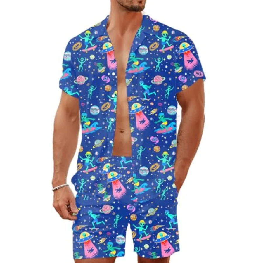 

80s 90s Men's Hawaiian Outfits 2 Pcs Shirt and Shorts Sets Button Down Beach Suits Disco Party