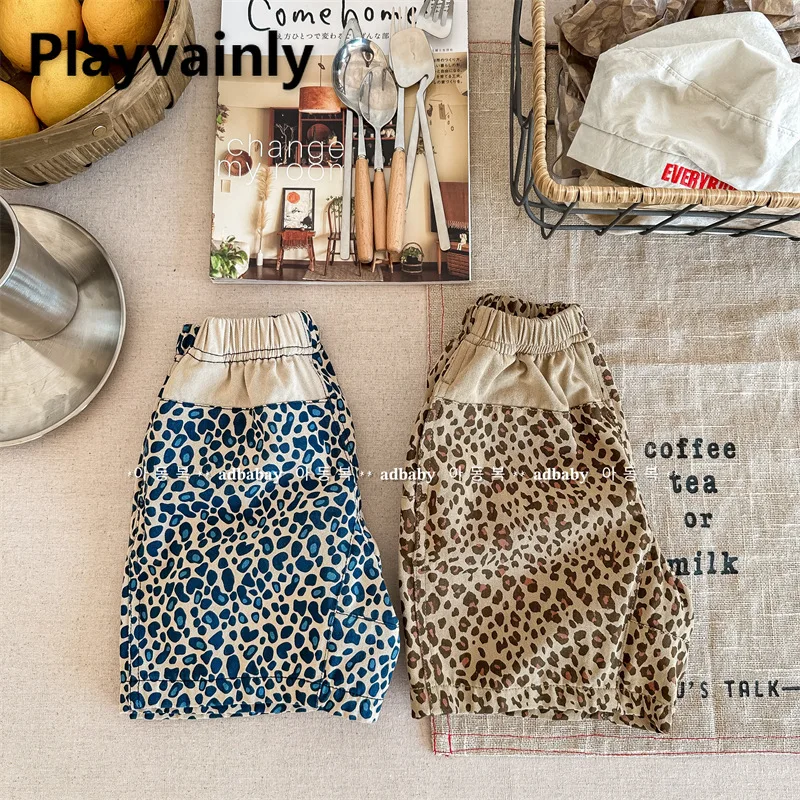 

2025 New Summer Baby Boy and Girl Fashion Leopard Print Shorts Blue Coffee Child Elastic Waist Loose Wide Leg Short Pants A23269