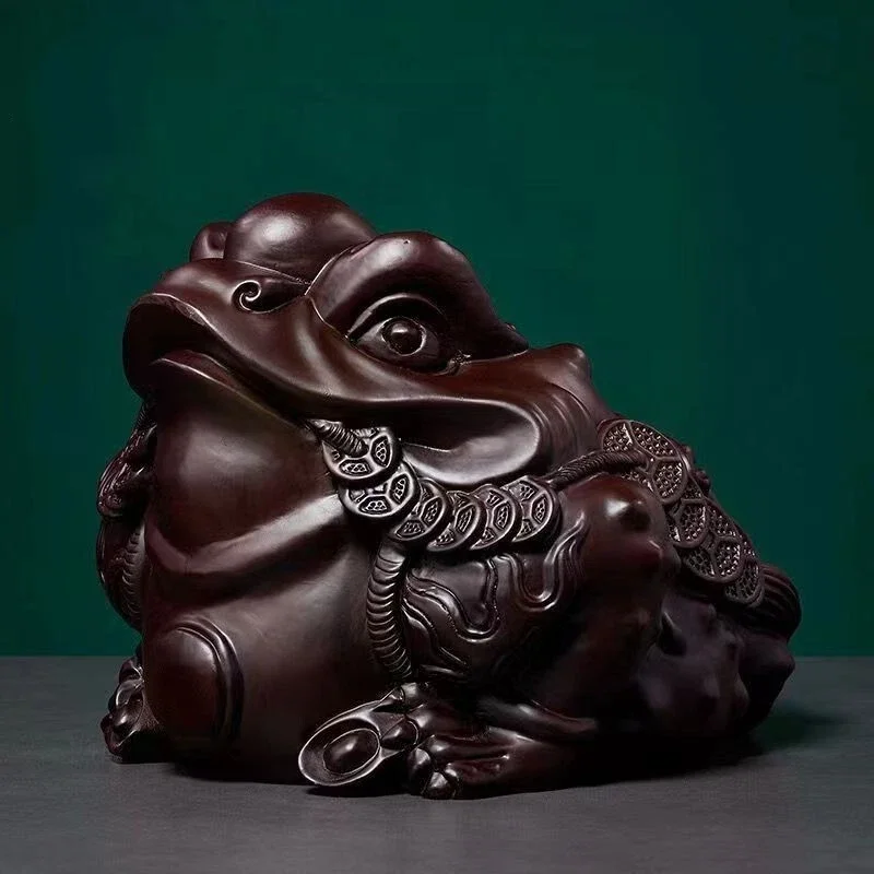 Vintage Black Sandalwood Hand Carved Money Toad Figurine Chinese Feng Shui Desktop Collectible Ornament