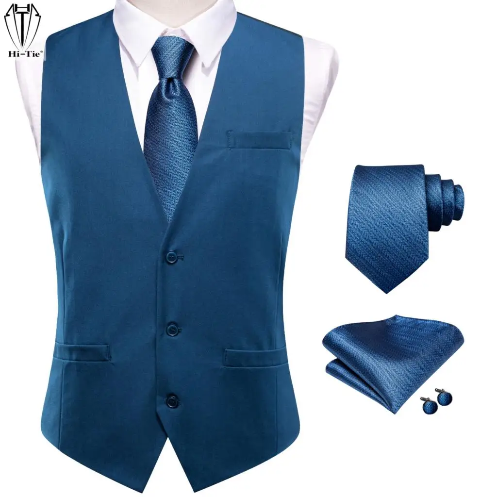 Hi-Tie Blue Viscose Mens Vest with Tie Hankerchief Cufflinks Set Jacquard Waistcoat Sleeveless Jacket for Wedding Business Gift