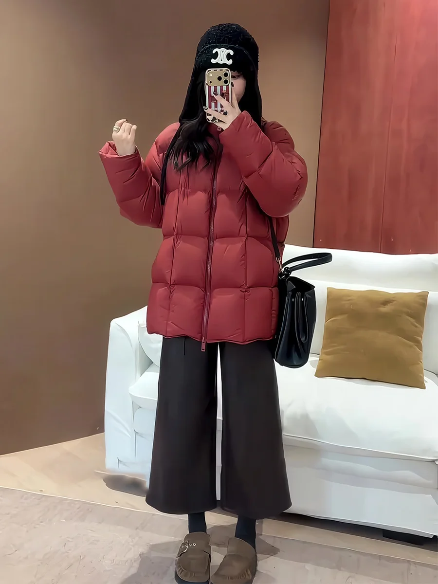 

Корейская красная женская зимняя утепленная куртка-пуховик с воротником-стойкой, средней длины, повседневная, свободного кроя