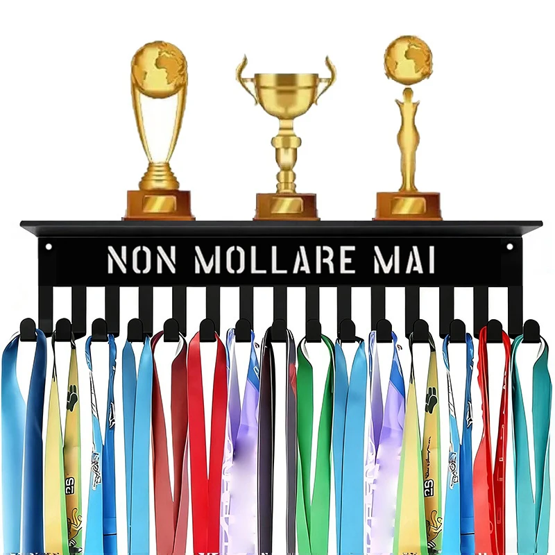 

20-Hook Metal Medal Display Rack - Wall-Mounted Organizer for Sports Awards,Coats&Hats with "Never Give Up" Motivational Design