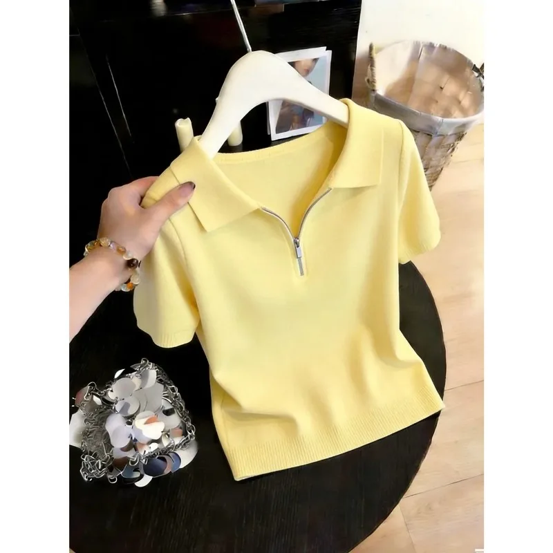 

Women's Knitting Pullover Sweater 2026 Spring Summer Short-sleeved High-grade Ladies T-shirt Neck Comfortable Female Top