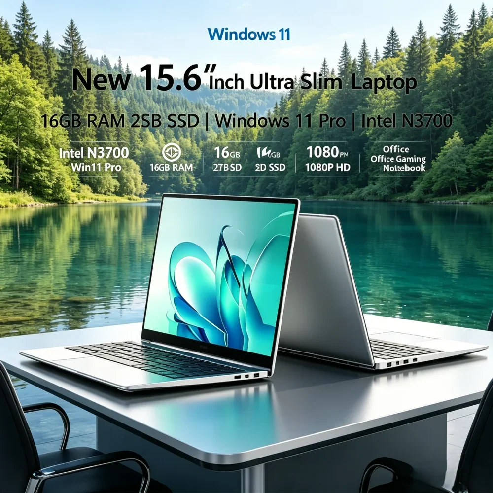 

New 15.6 Inch Ultra Slim Laptop Intel N3700 Win11 Pro 16GB RAM 2TB SSD 1080P HD Office Gaming Notebook