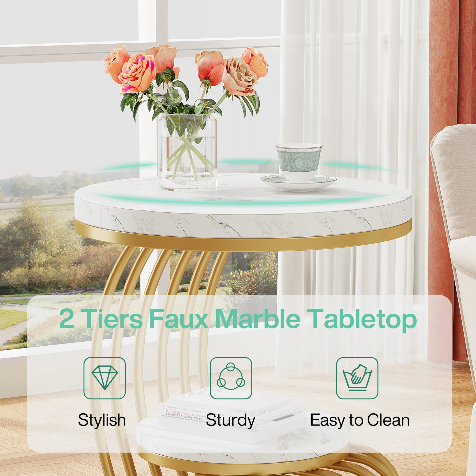 Factory Direct 2026 Tribesigns Gold Round End Table: 2 Tiers Faux Marble Side Table with Storage Shelf, Modern White Gold Bedsid
