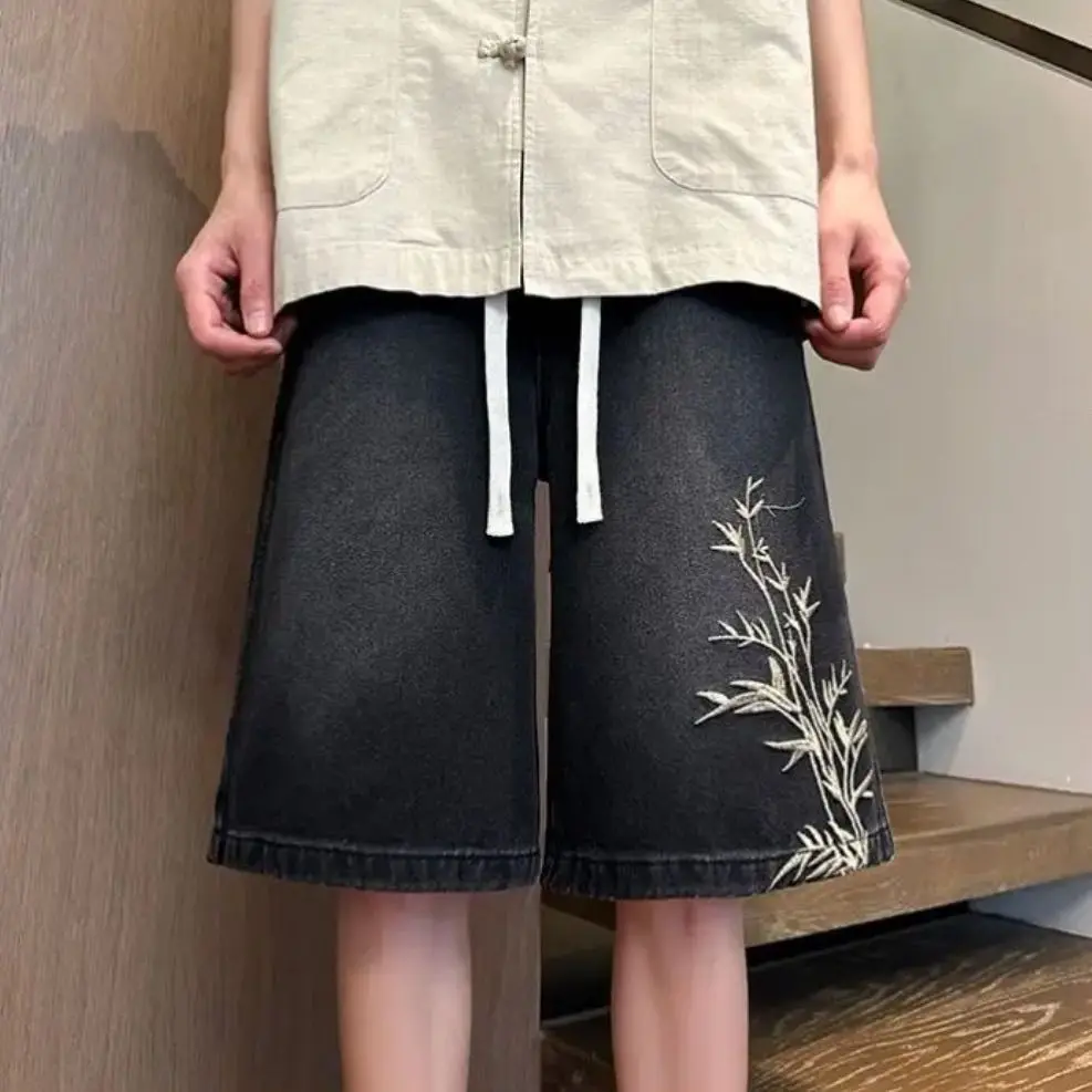 

Embroidery Drawstring Baggy Half Man Denim Shorts Korean Fashion Streetwear Rude Original Thin Xl Cut Short Jeans Pants for Men