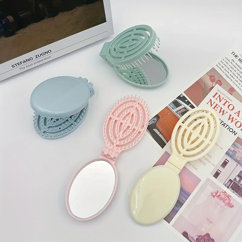 折りたたみ式トラベルヘアブラシ ミラー付き ポータブル折りたたみポケットヘアブラシ ミニヘアコーム コンパクトサイズ ヘアマッサージコーム