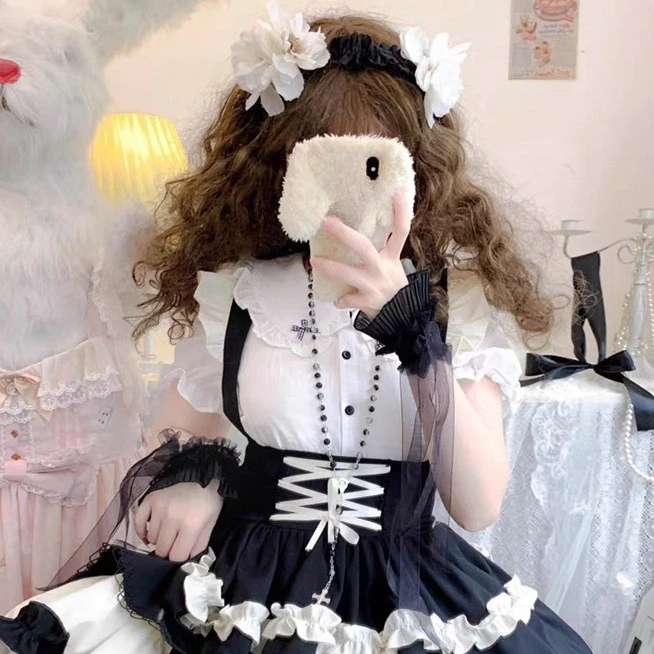 Y2K Harajuku Sweet Lolita Shirt Women Bow Lace Detail Short Sleeve Blouse Solid Color Cute Subcultural Daily Soft Wear