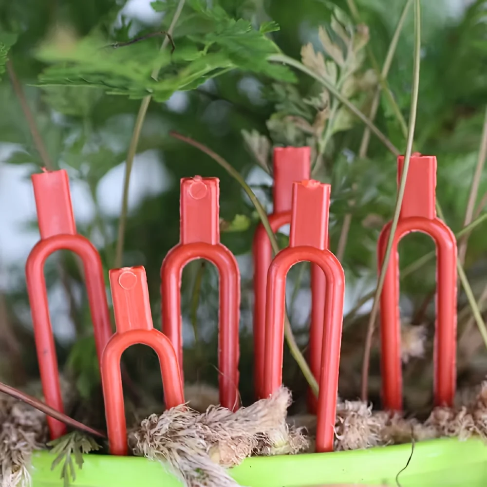 100pcs Red Plant Fixing Clips | Garden Stem Forks, Strawberry and Watermelon Fastening Devices, Vine Support Clips,