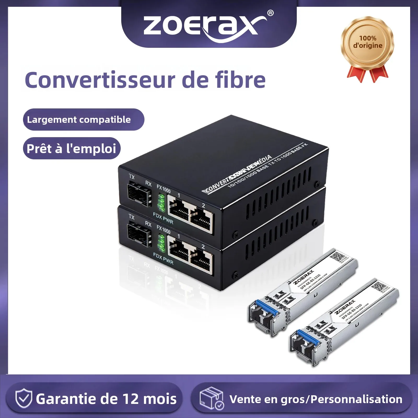 Convertisseur de média fibre optique Gigabit ZoeRax, 1 port fibre, 2 ports RJ45, module émetteur-récepteur SFP LC 1,25 Gbit/s fibre monomode vers Ethernet
