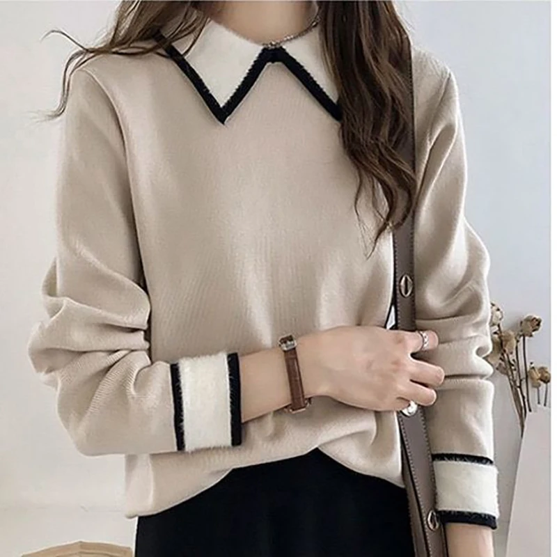 Fashion Polo-Neck Knitted Spliced All-match Blouses Women\'s Clothing 2024 Autumn Winter New Loose Casual Tops Commuter Shirts