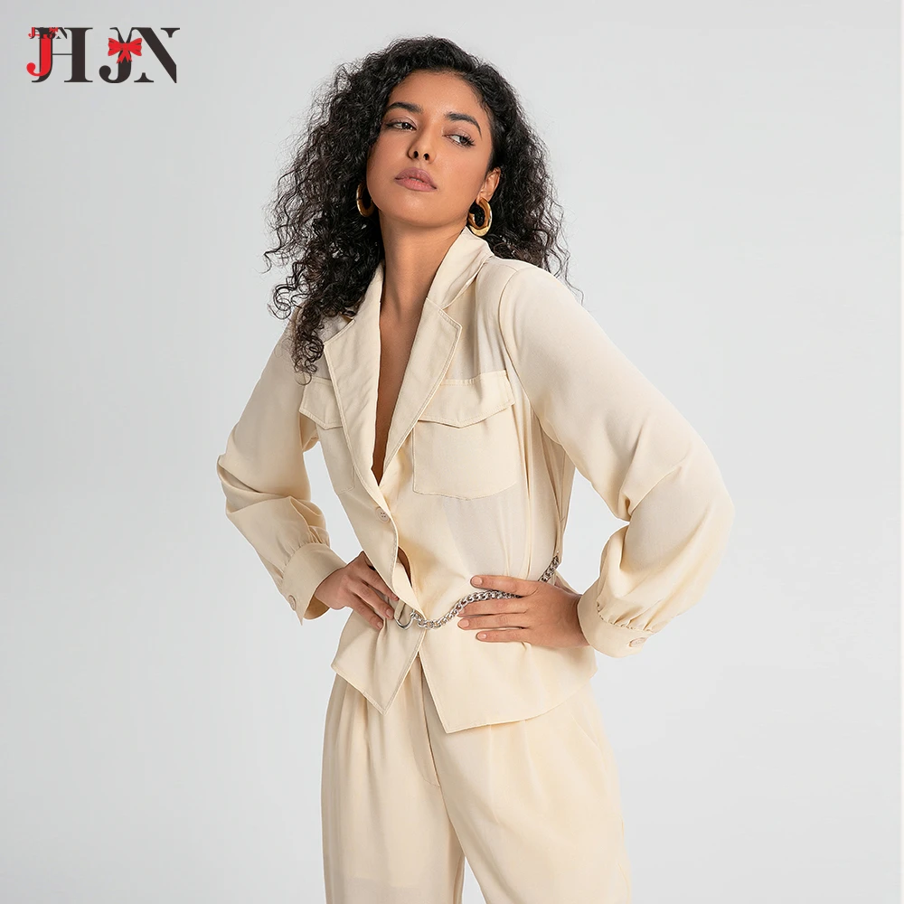 JHJN French Woman Two Piece Sets Apricot V-Neck Suit Chain Retract Your Waist Tops Elastic Waist Wide-Leg Pants Y2k Pants Set