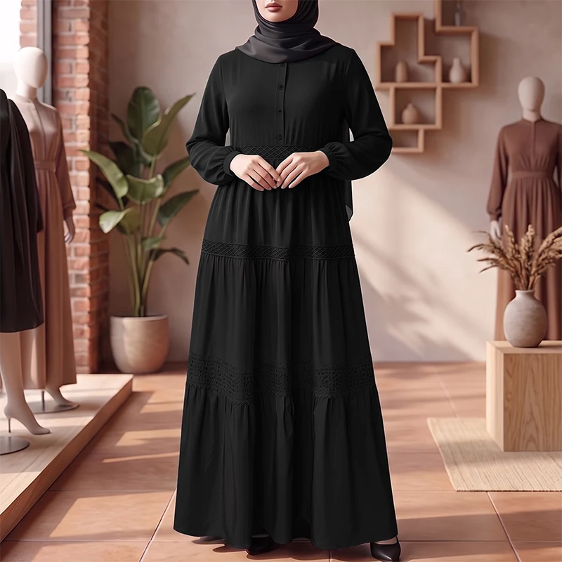 Women Muslim Maxi Dress ZANZEA Long Sleeve Lace Tiered Abaya Kaftan Button Down Modest Islamic Ramadan Solid Casual Elegant Robe