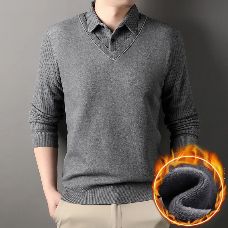 Winter Velvet Sweater Men's Plush Pullover Polo Neck Sweaters Fake 2 Piece Fashion Business Causal Clothing Men KnitPullovers