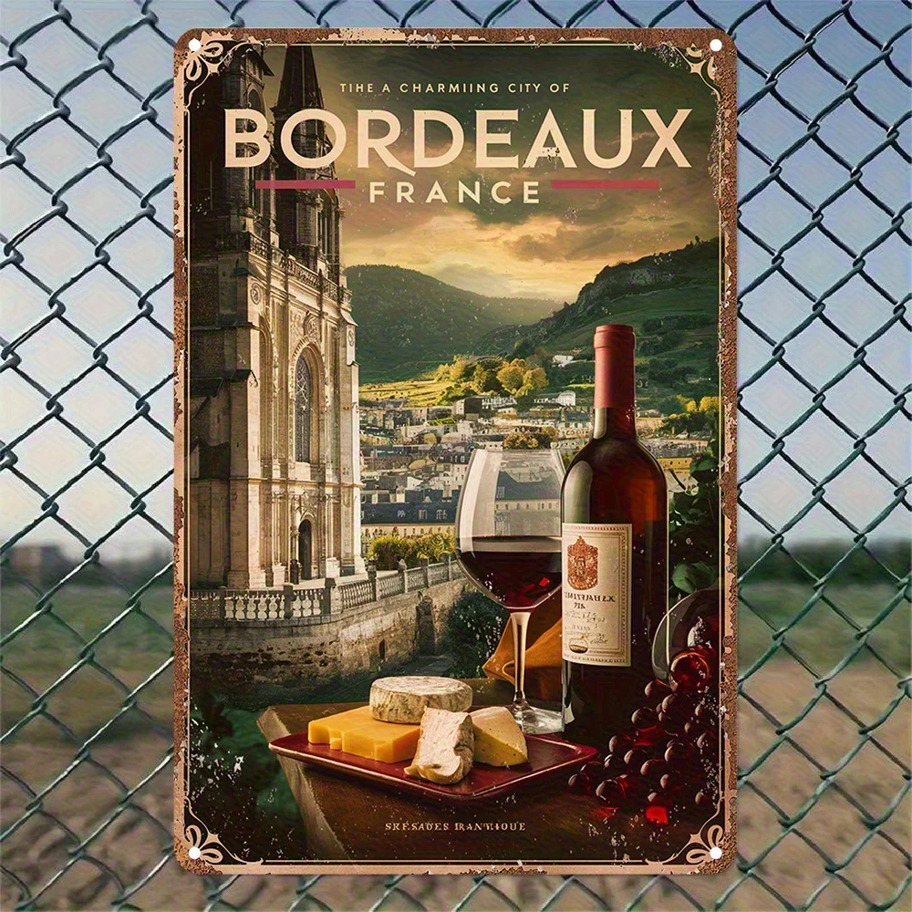 Vintage Bordeaux France Iron Wall Sign - Retro Rustic Metal Decor with Bordeaux Wine & French Landscape Art,   Indoor/Outdoor W
